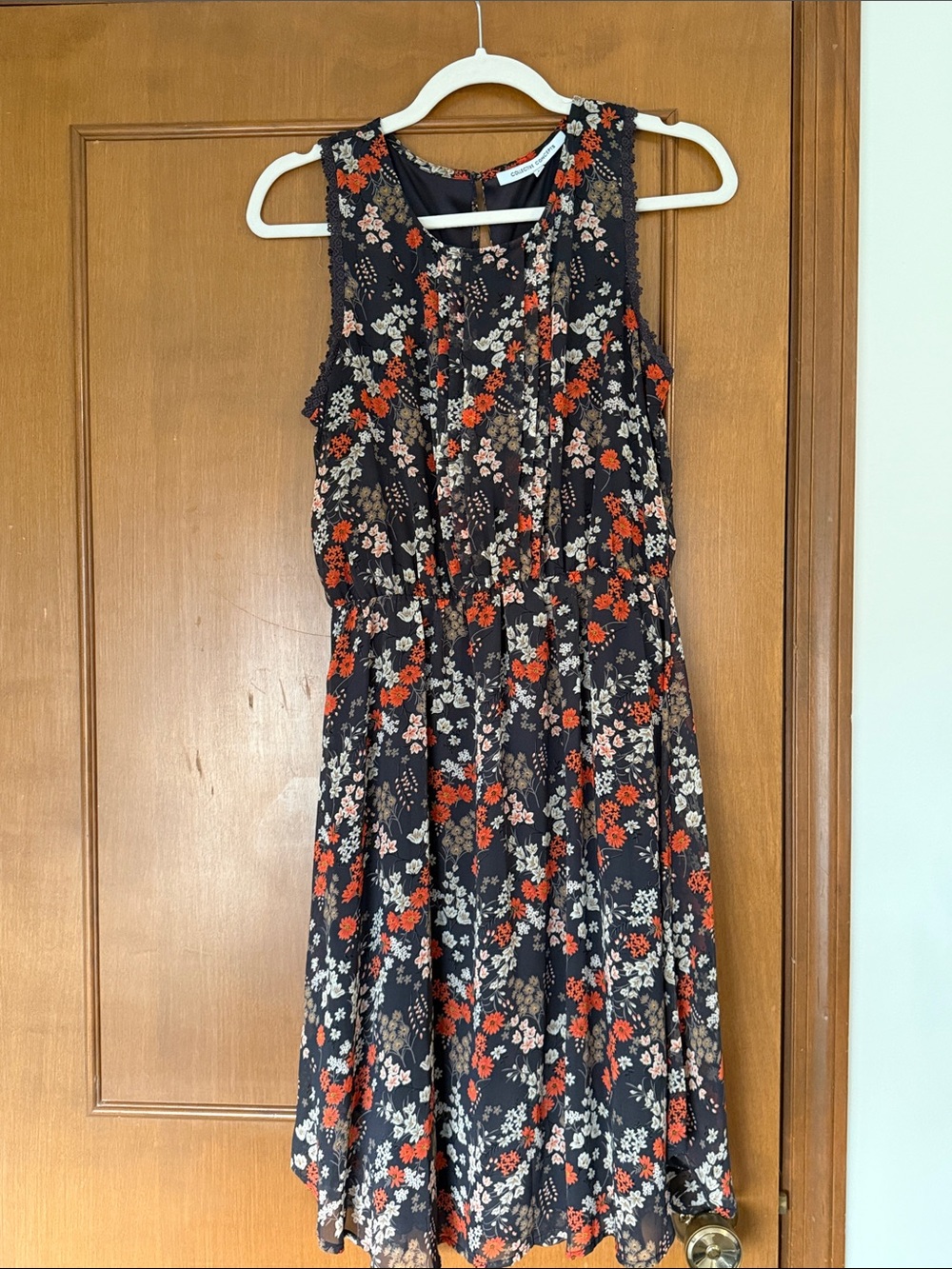 Collective Concepts Navy Midi Dress with Red and Cream Floral Print